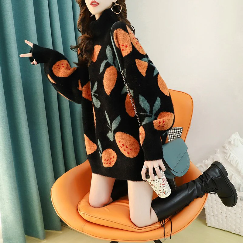 Black Friday Sales Knit Plush Sweater Women Loose Turtleneck Female Pullovers Cute Fruit Printed Woman Sweater Winter Soft Sweet Thick Pullovers - Deanwangkt