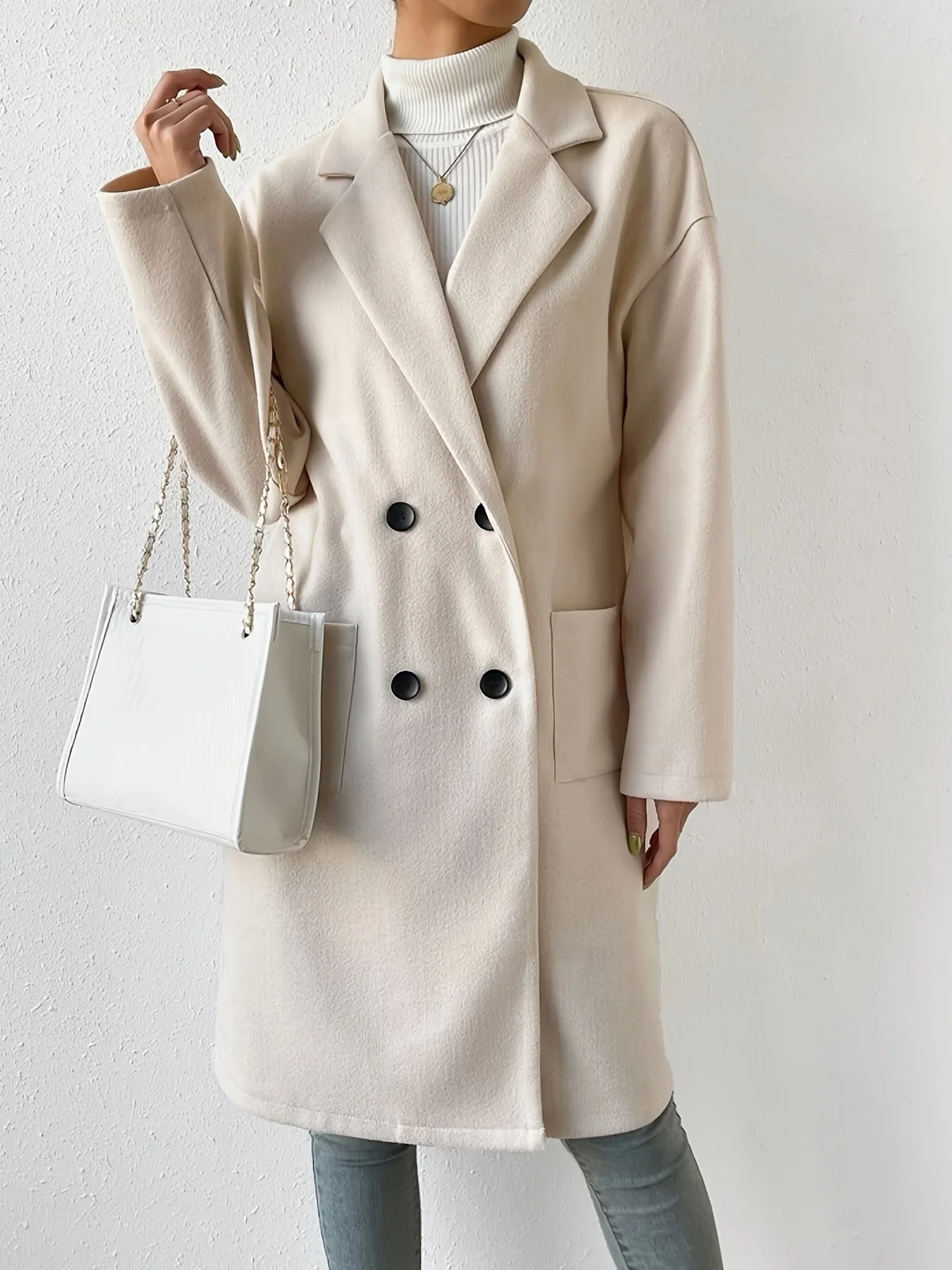 deanwangkt-1  Double Breasted Solid Overcoat, Elegant Lapel Long Sleeve Outerwear, Women's Clothing - Deanwangkt