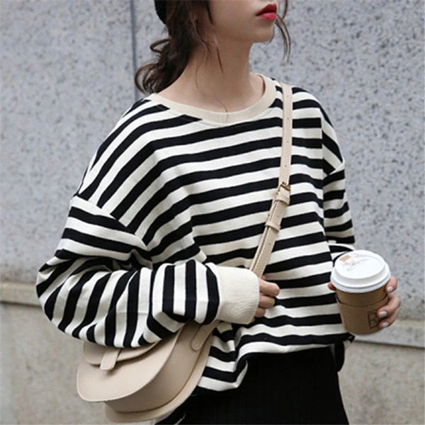 Christmas Gift Deanwangkt Spring Striped Sweatshirt Women Kipop Oversize Korean Style Streetwear Loose Elegant Top Ladies Korean Chic Tops Deanwangkt - Deanwangkt