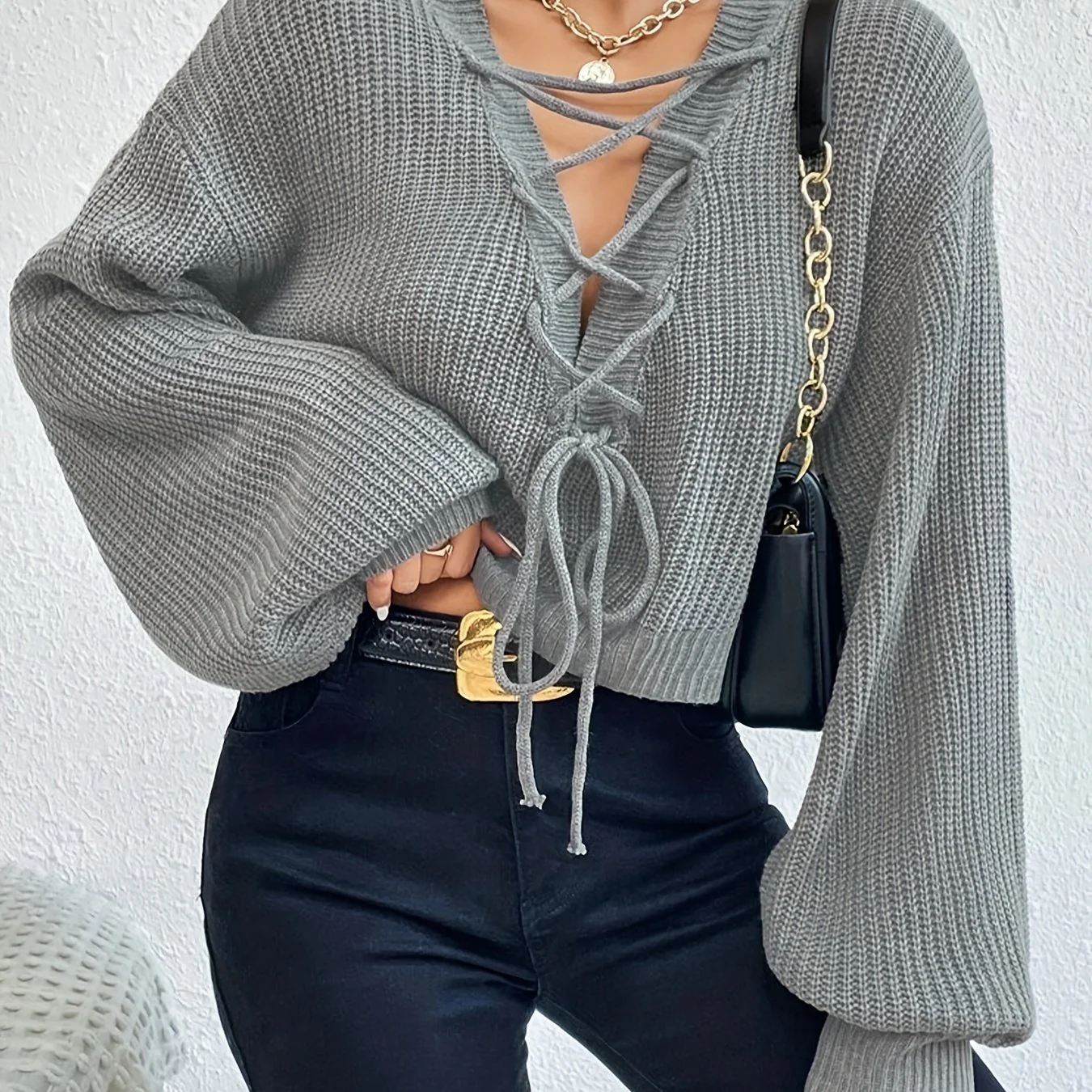 Solid Lace Up Sweater, Casual Long Sleeve Sweater For Fall & Winter, Women's Clothing - Deanwangkt