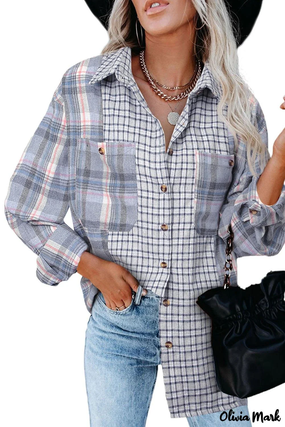 Deanwangkt - Pink Plaid Button Down Long Sleeve Shirt With Color Block Pocket - Deanwangkt