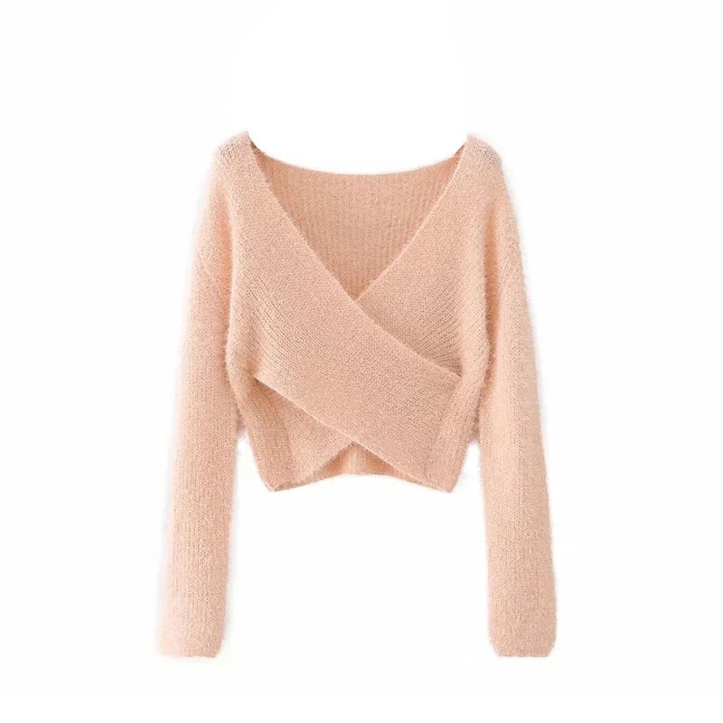 Christmas Gift Aproms Pink Fluffy Knitted Sweater Women Autumn Winter V-neck Wrap Front Basic Cropped Pullovers Fashion Outerwear Jumper Deanwangkt - Deanwangkt