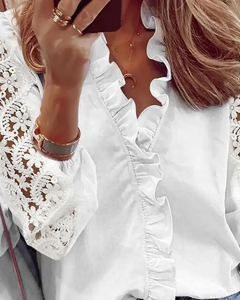 Deanwangkt - Long sleeve top with crochet lace insert and ruffled hem - Deanwangkt