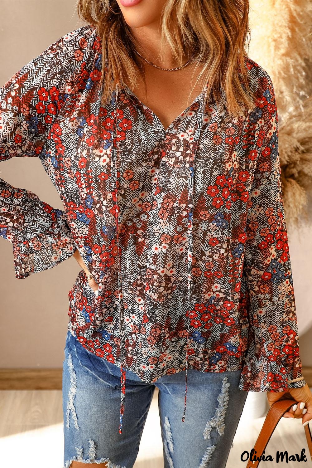 Deanwangkt - Multicolor Floral Print Drawstring Long Sleeve Blouse - Deanwangkt