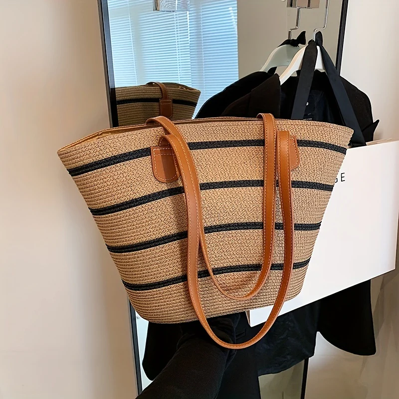 deanwangkt-1  Striped Pattern Straw Bag, Vacation Style Tote Bag, Boho Style Shoulder Bag For Travel Beach - Deanwangkt