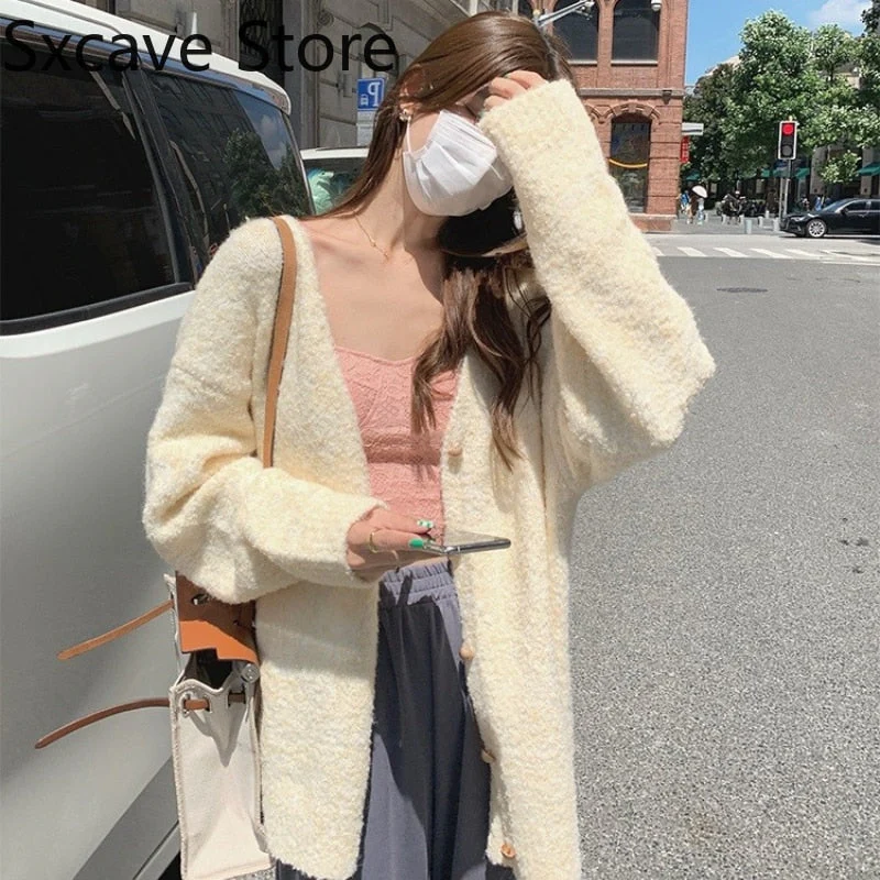 Christmas Gift Autumn Sweater Coat Women Sweet Long Sleeve Button Pure Color Knitted Cardigan Coats Office Lady Korean Fashion Jackets - Deanwangkt