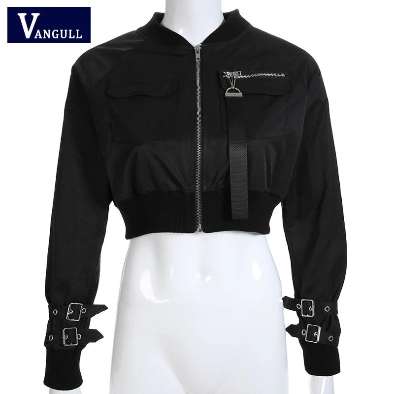 Christmas Gift  Short Outerwear Coat Bomber Jacket Women Patch Long Sleeve Autumn Jacket Pocket High Waist Buckle Zipper Streetwear Deanwangkt - Deanwangkt