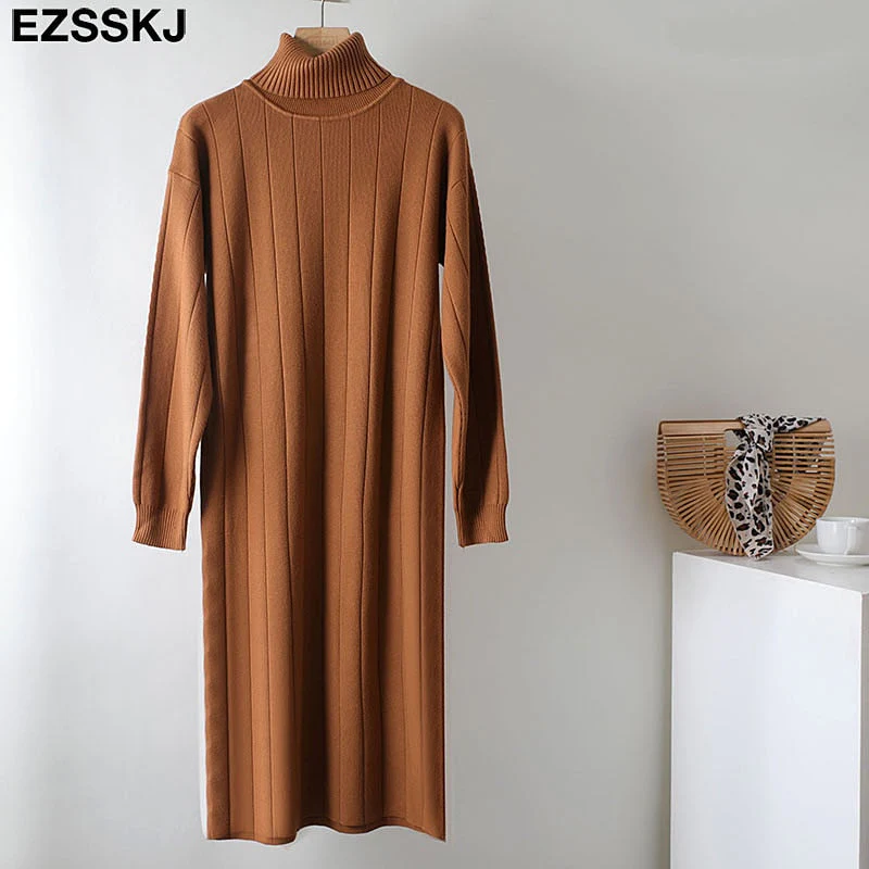 Christmas Gift Deanwangkt Autumn Winter long thick Sweater Dress Women turtleneck long Sleeve straight maix Dress female girl warm long dress - Deanwangkt
