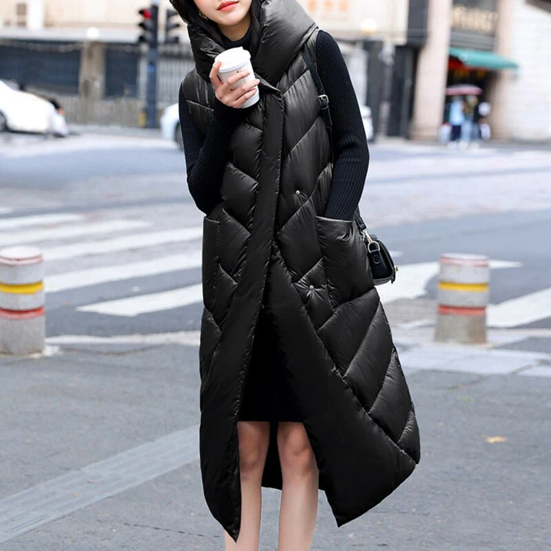 Black Friday Sales New Autumn Winter Women Hooded Warm Long Cotton Vest Casual Female Solid Color Zipper Wadded Sleeveless Waistcoat Tops - Deanwangkt