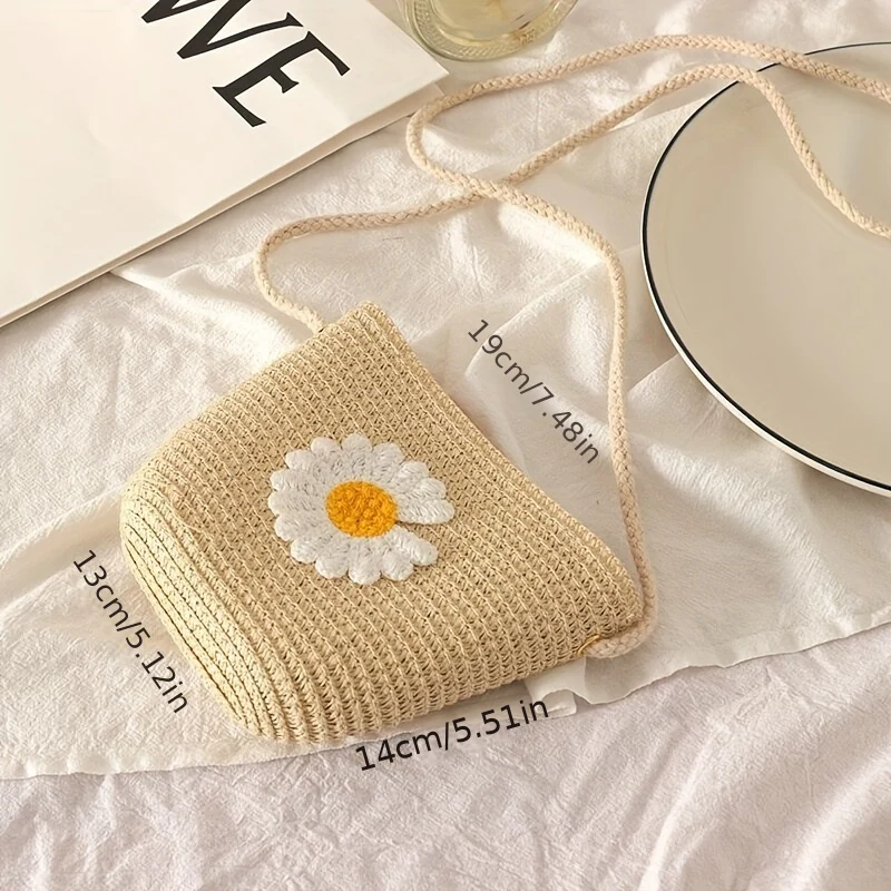 Flower & Fruits Pattern Woven Shoulder Bag, Minimalist Small Straw Crossbody Bag, Bohemian Summer Bag - Deanwangkt