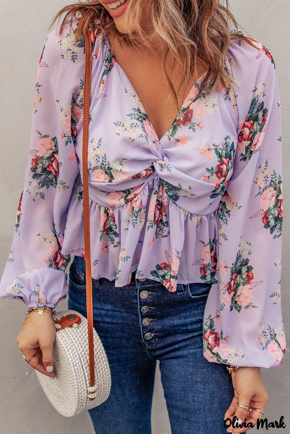 Deanwangkt - Beige Floral V-Neck Balloon Sleeve Twist Front Blouse - Deanwangkt