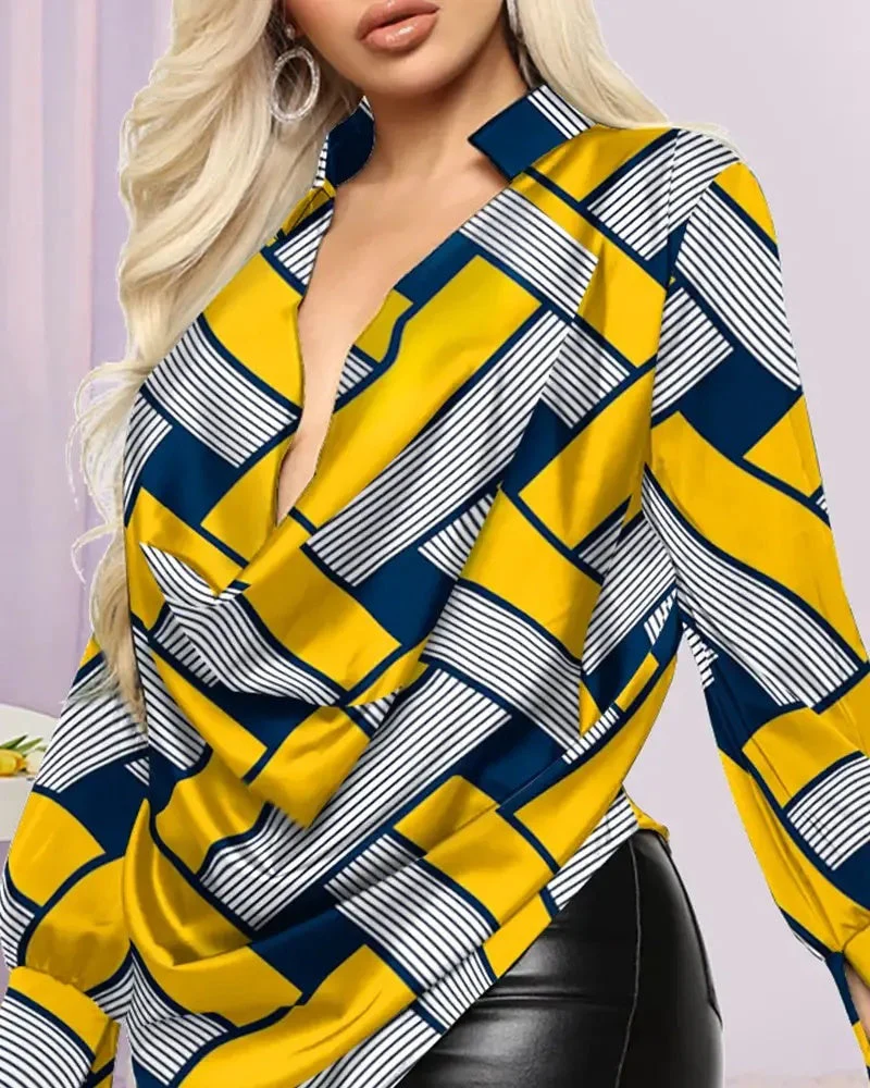 Deanwangkt - Geometric Print Cowl Neck Long Sleeve Top - Deanwangkt