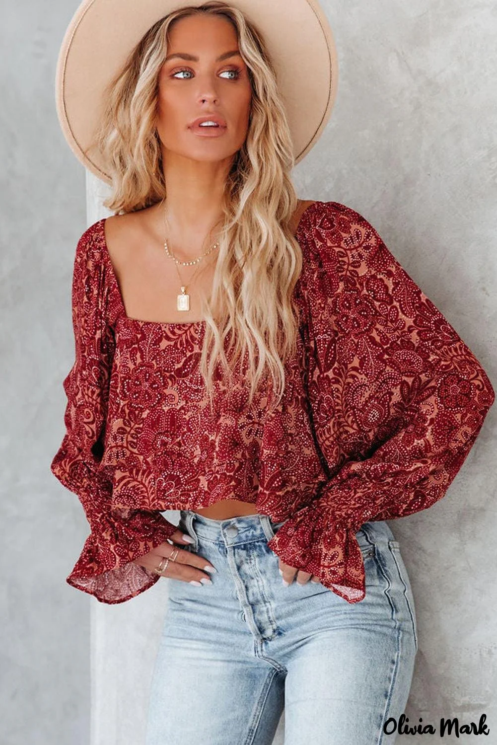 Deanwangkt - Square Neck Floral Cropped Blouse - Deanwangkt
