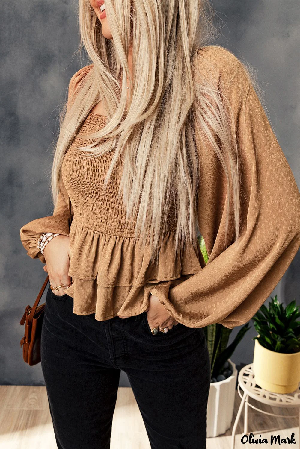Deanwangkt - Brown Floral Ruched Ruffle Square Neck Blouse - Deanwangkt