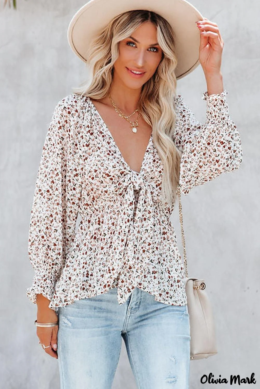 Deanwangkt - Brown Floral Ruffle Long Sleeve Blouse - Deanwangkt