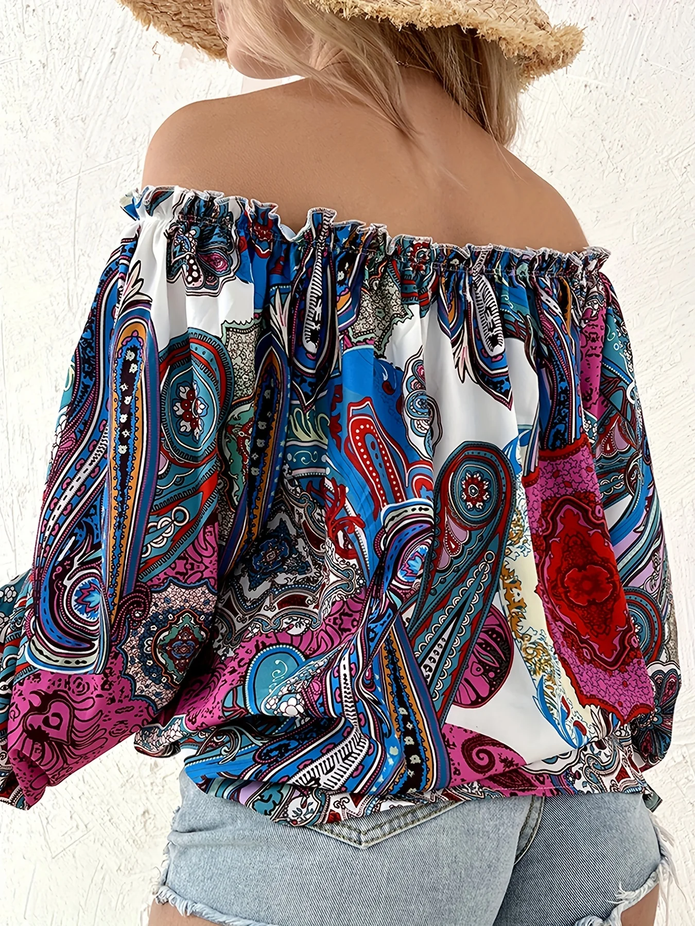 Paisley Print Off Shoulder Blouse, Casual Long Sleeve Blouse For Spring & Fall, Women's Clothing - Deanwangkt