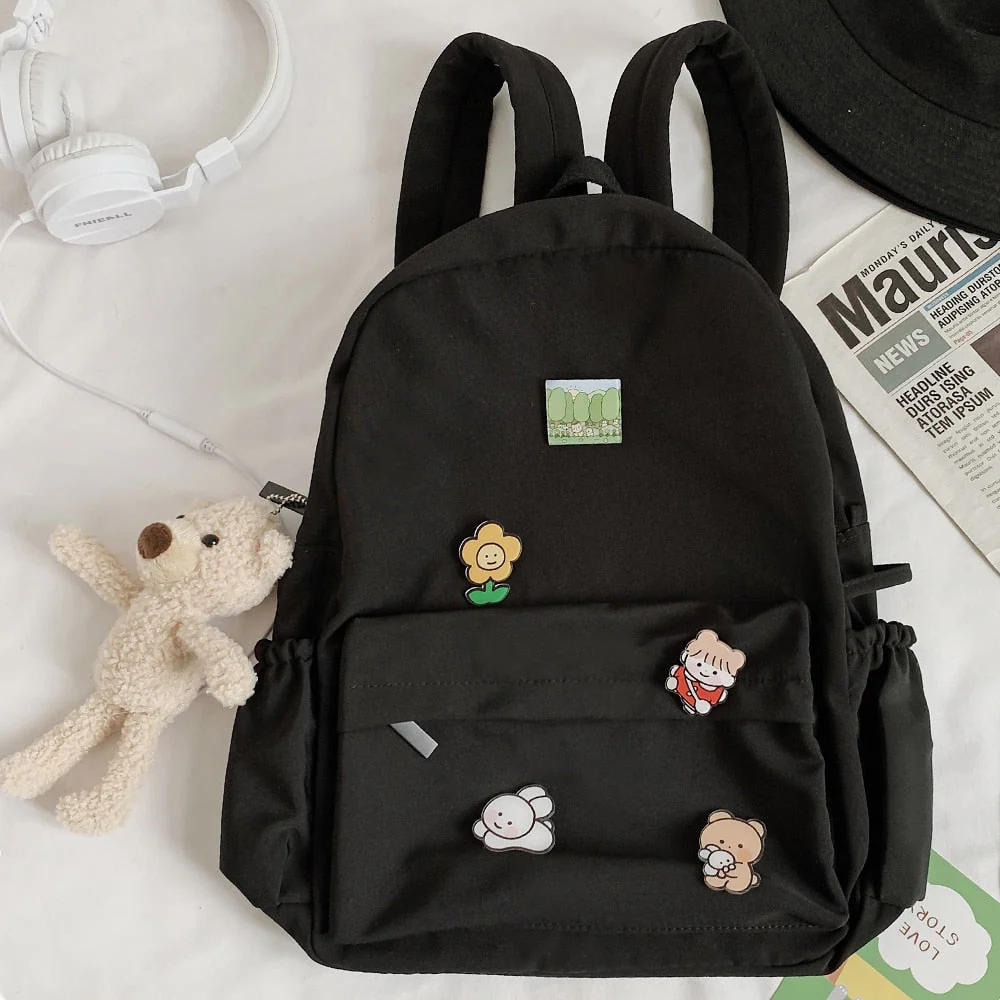 Women Nylon Cute Backpack Bear Female Student College School Bag Badge Girl Doll Backpack Kawaii Book Ladies Fashion Bags Trendy - Deanwangkt