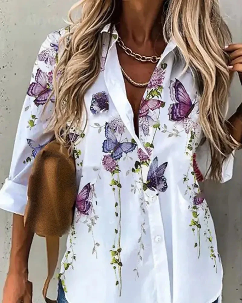 Deanwangkt - Butterfly Floral Print Long Sleeve Shirt - Deanwangkt