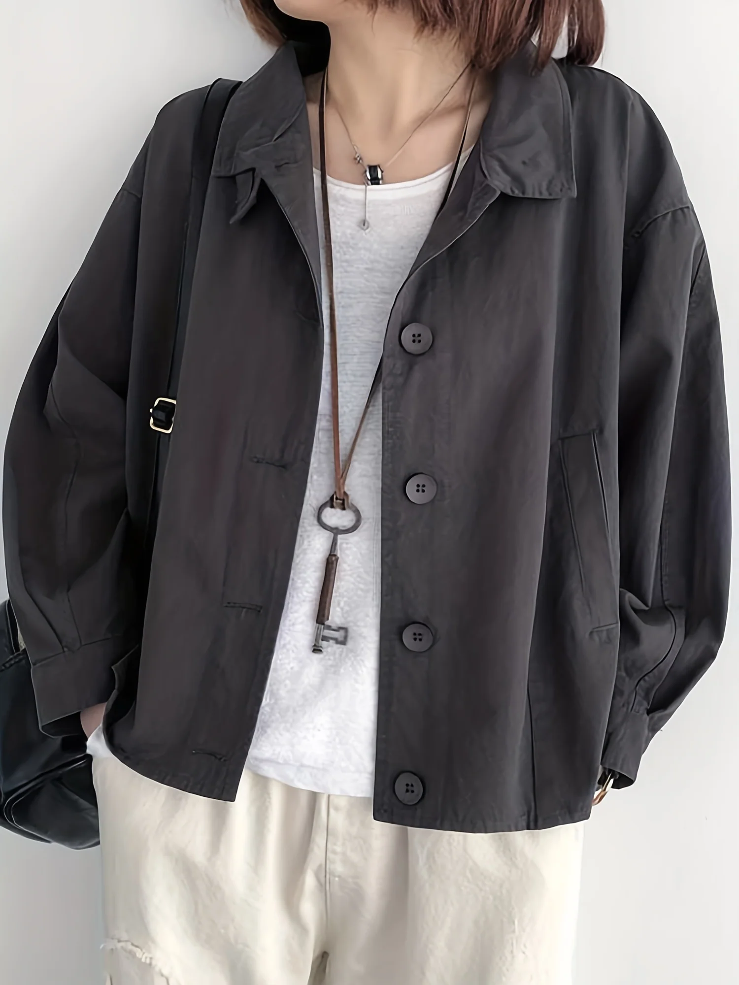 deanwangkt-1  Solid Button Front Jacket, Casual Long Sleeve Turn Down Collar Long Sleeve Outerwear, Women's Clothing - Deanwangkt