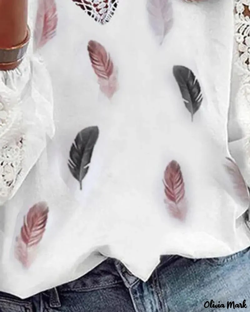 Deanwangkt - Feather Print Contrast Lace Long Sleeve Top - Deanwangkt