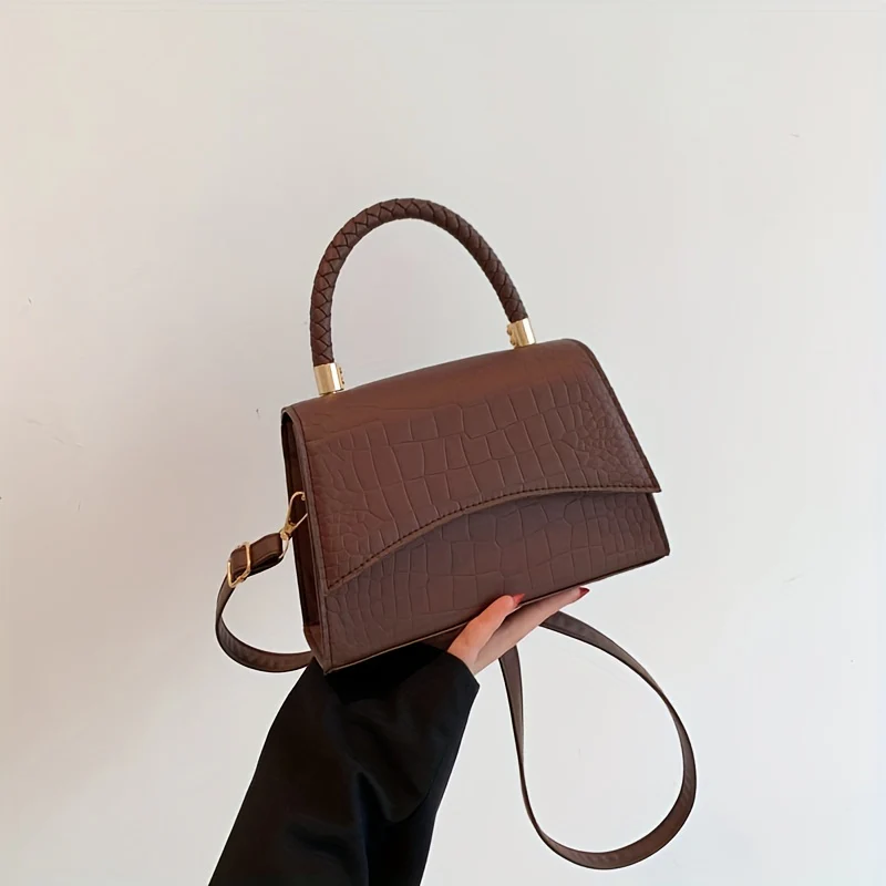 deanwangkt-1  Simple Crocodile Embossed Handbag, Solid Color Satchel Bag, All-Match Flap Shoulder Bag - Deanwangkt