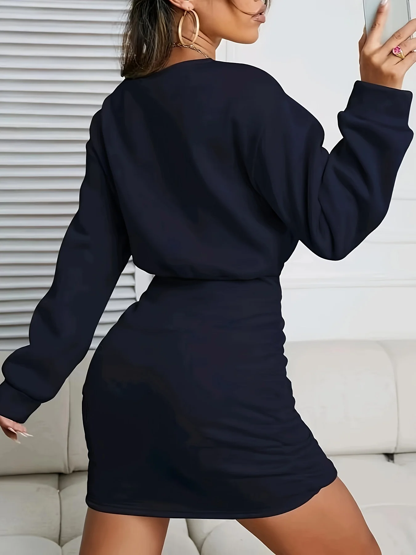 deanwangkt-1  Solid Ruched Crew Neck Dress, Casual Long Sleeve Bodycon Dress, Women's Clothing - Deanwangkt