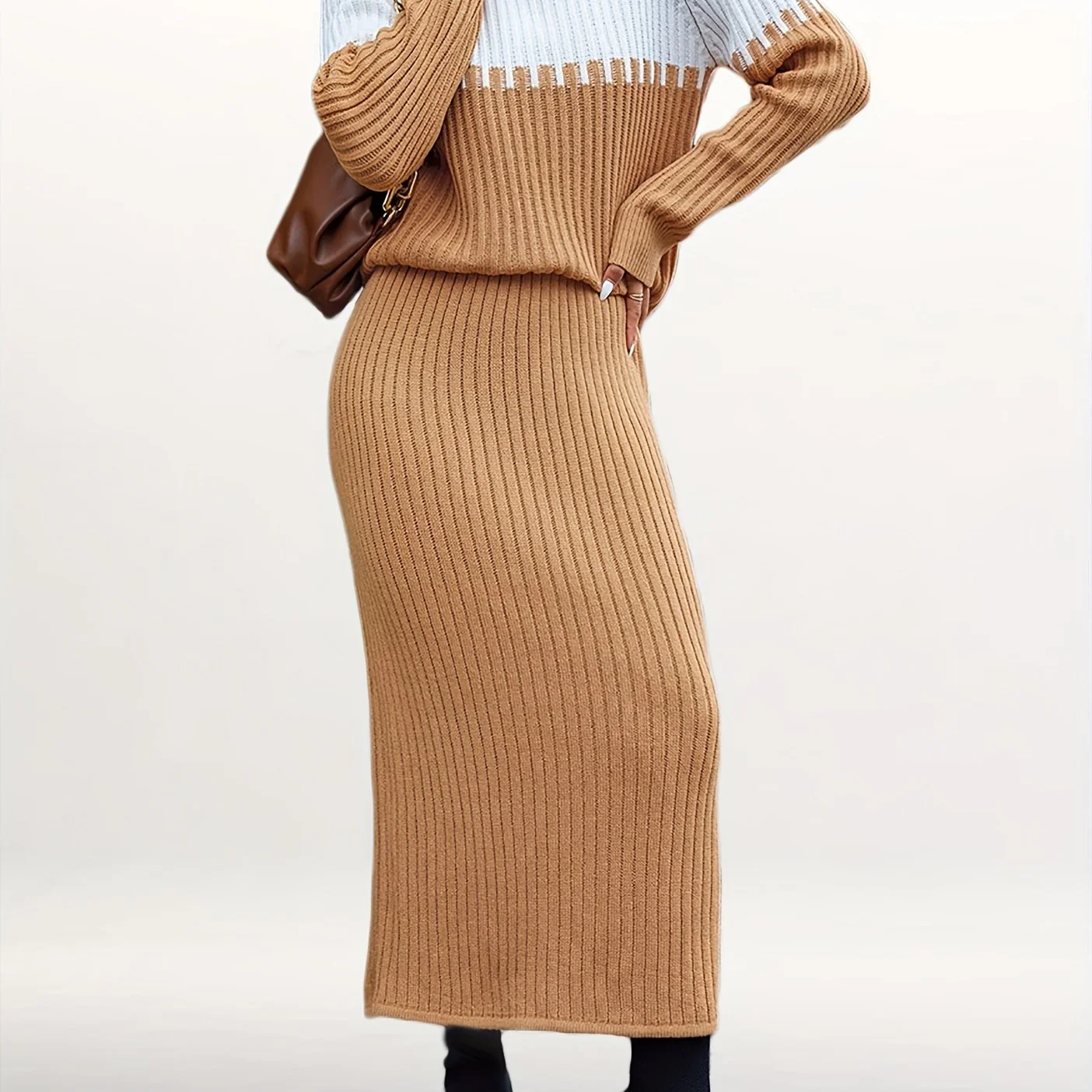 deanwangkt-1  Ribbed Elegant Two-piece Set, Color Block Turtleneck Sweater & Solid Long Length Skirts Outfits, Women's Clothing - Deanwangkt