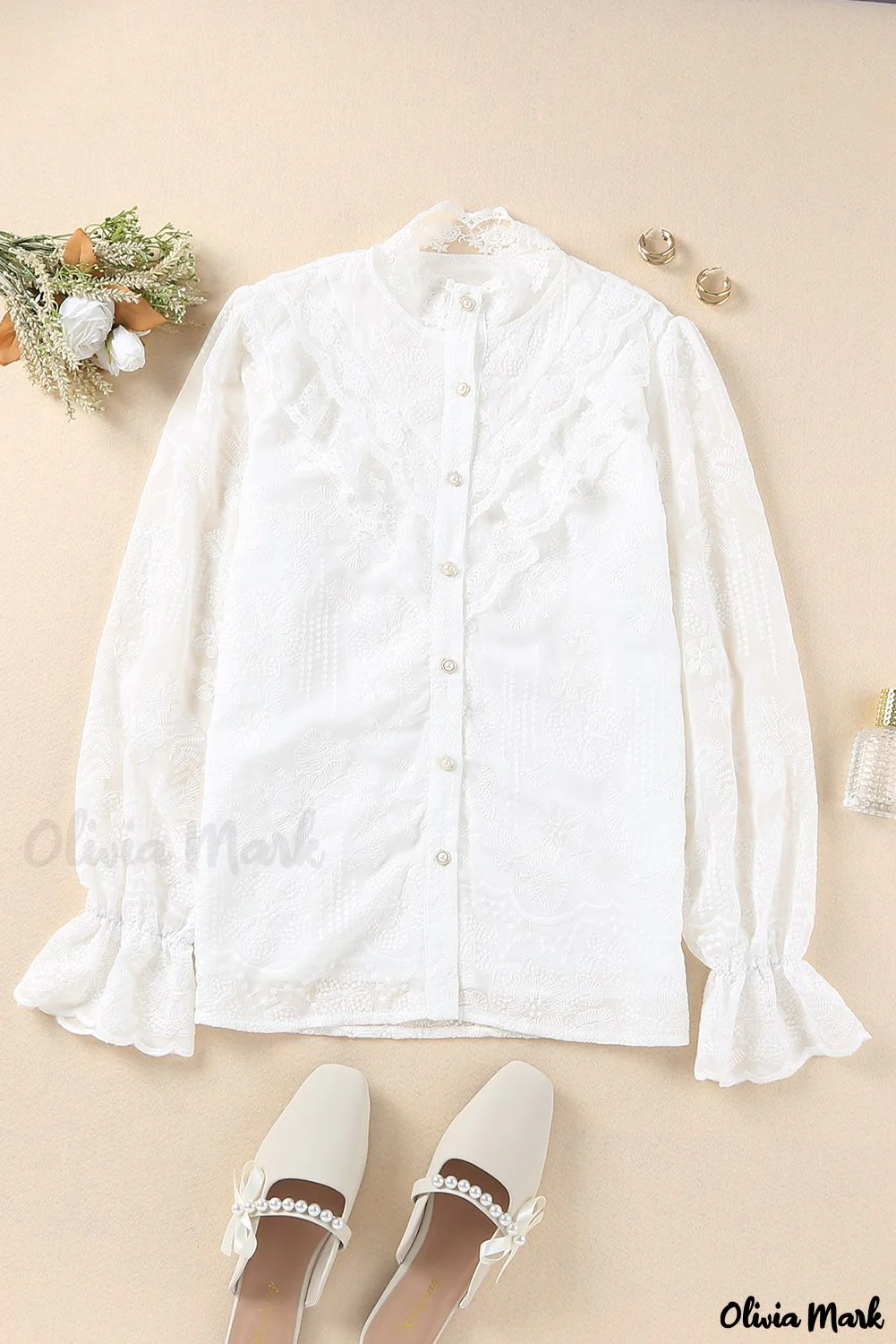 Deanwangkt - White Lace Embroidered Ruffled Button Down Long Sleeve Shirt - Deanwangkt