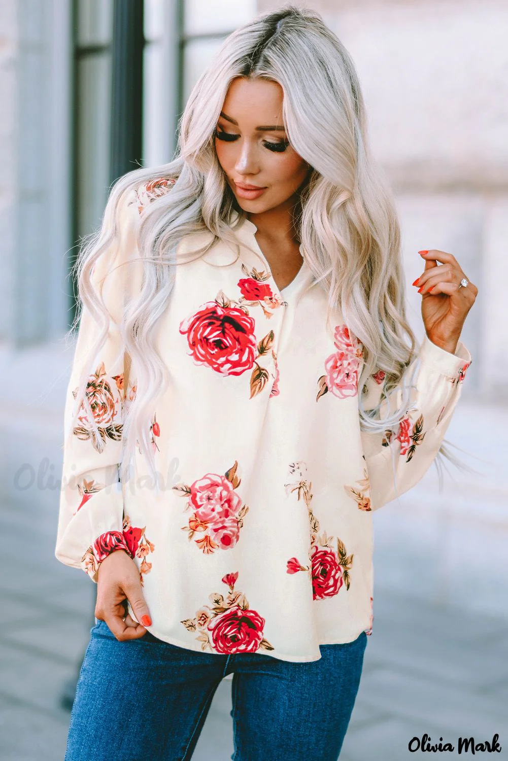 Deanwangkt - Beige Floral Print V-Neck Button Down Blouse - Deanwangkt