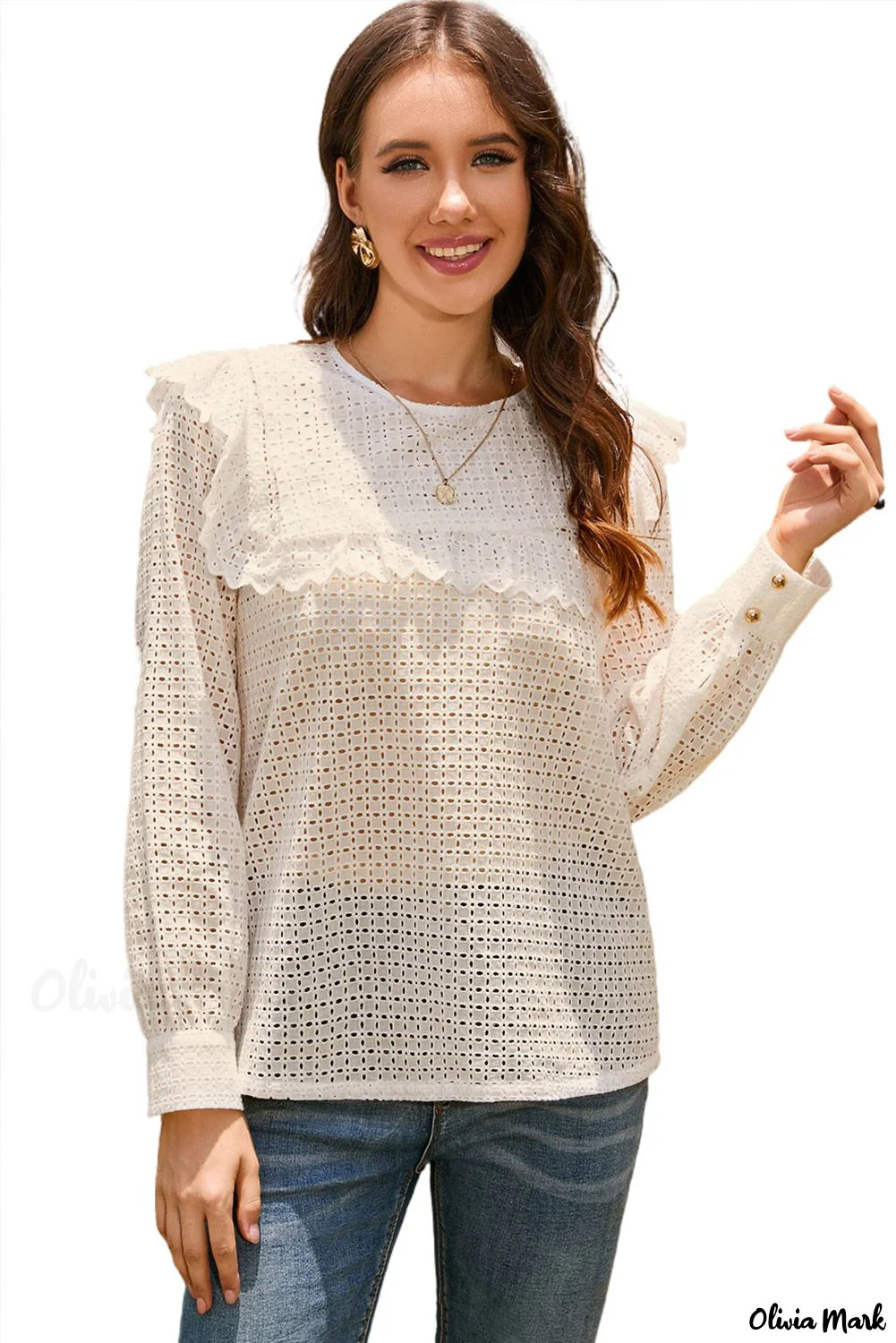 Deanwangkt - Round Neck Long Sleeve Ruffled Blouse with Hollowed Detail - Deanwangkt