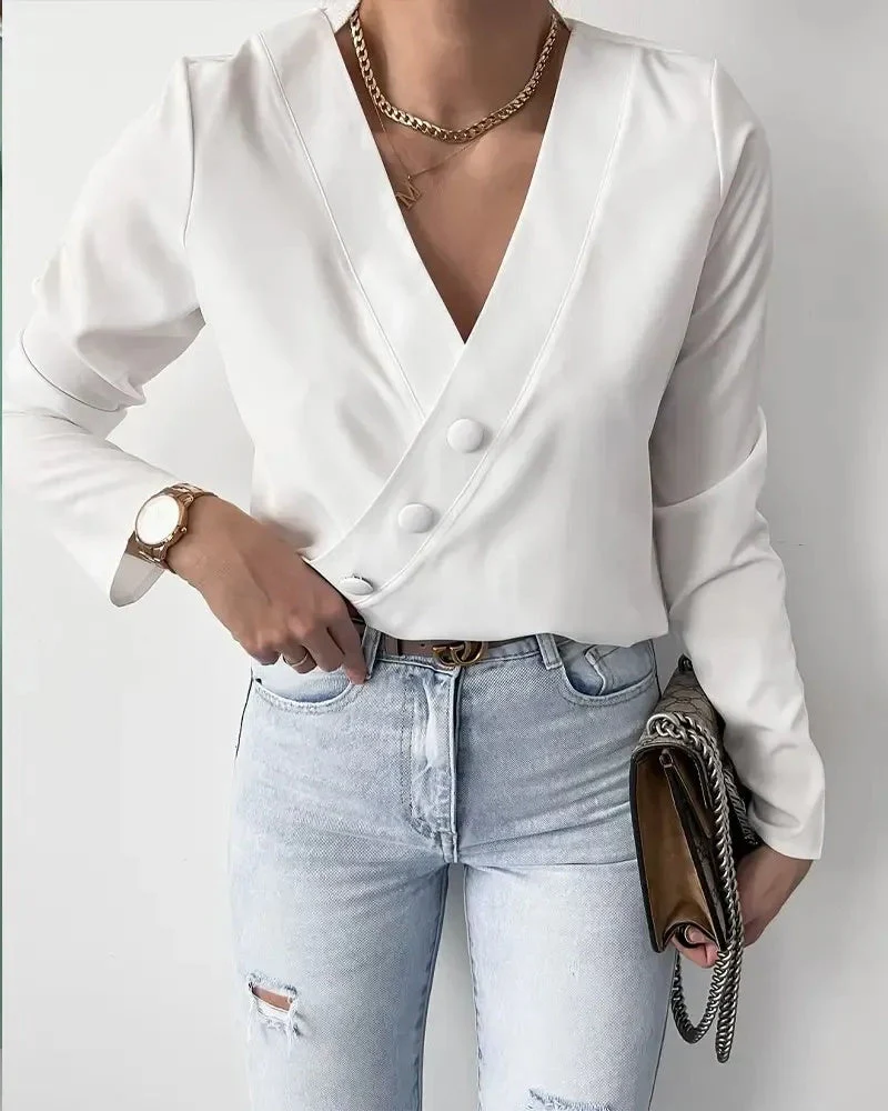 Deanwangkt - Wrap top with long sleeves and buttoned decoration - Deanwangkt