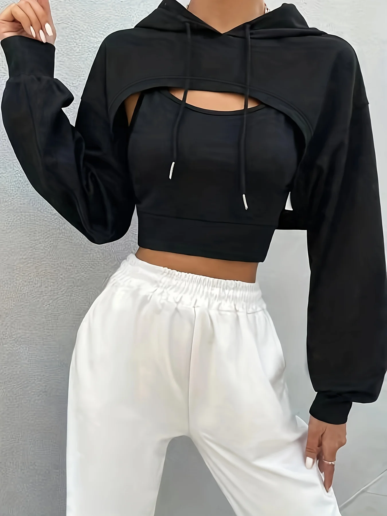 deanwangkt-1 Casual Two-piece Set, Drawstring Crop Hoodie & Solid Top Outfits, Women's Clothing - Deanwangkt