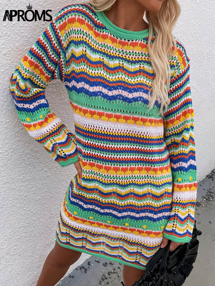 Christmas Gift Aproms Elegant Multi Color Crochet Knitted Mini Dress Women Summer Long Sleeve Hollow Out Festival Holiday Dress Fashion Vestido - Deanwangkt