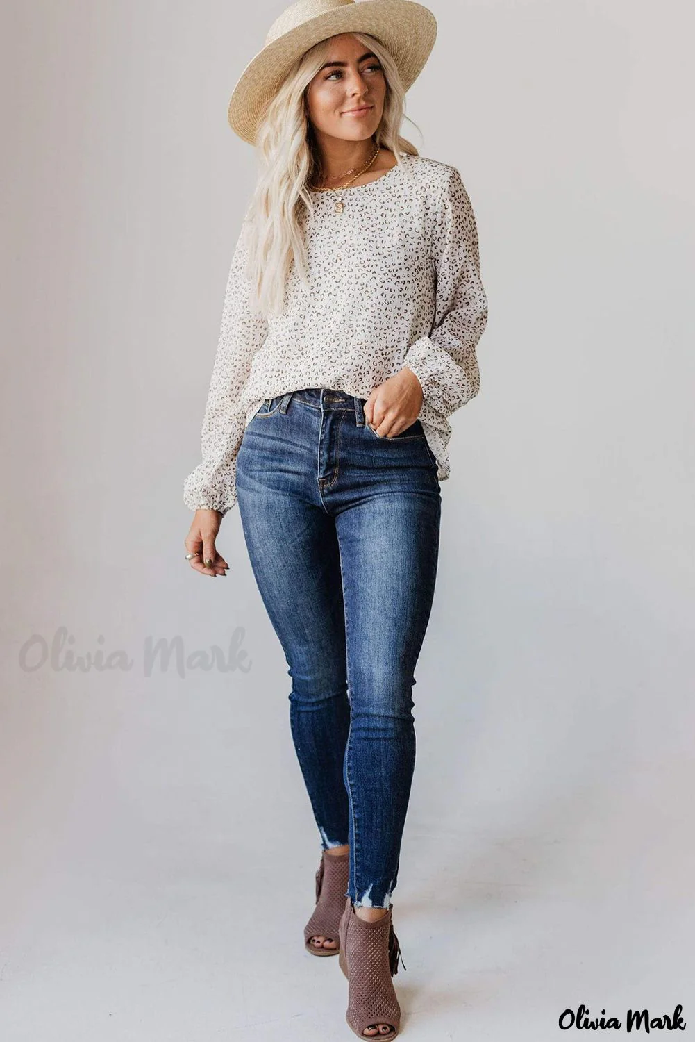 Deanwangkt - Leopard Long Sleeve Round Neck Blouse - Deanwangkt