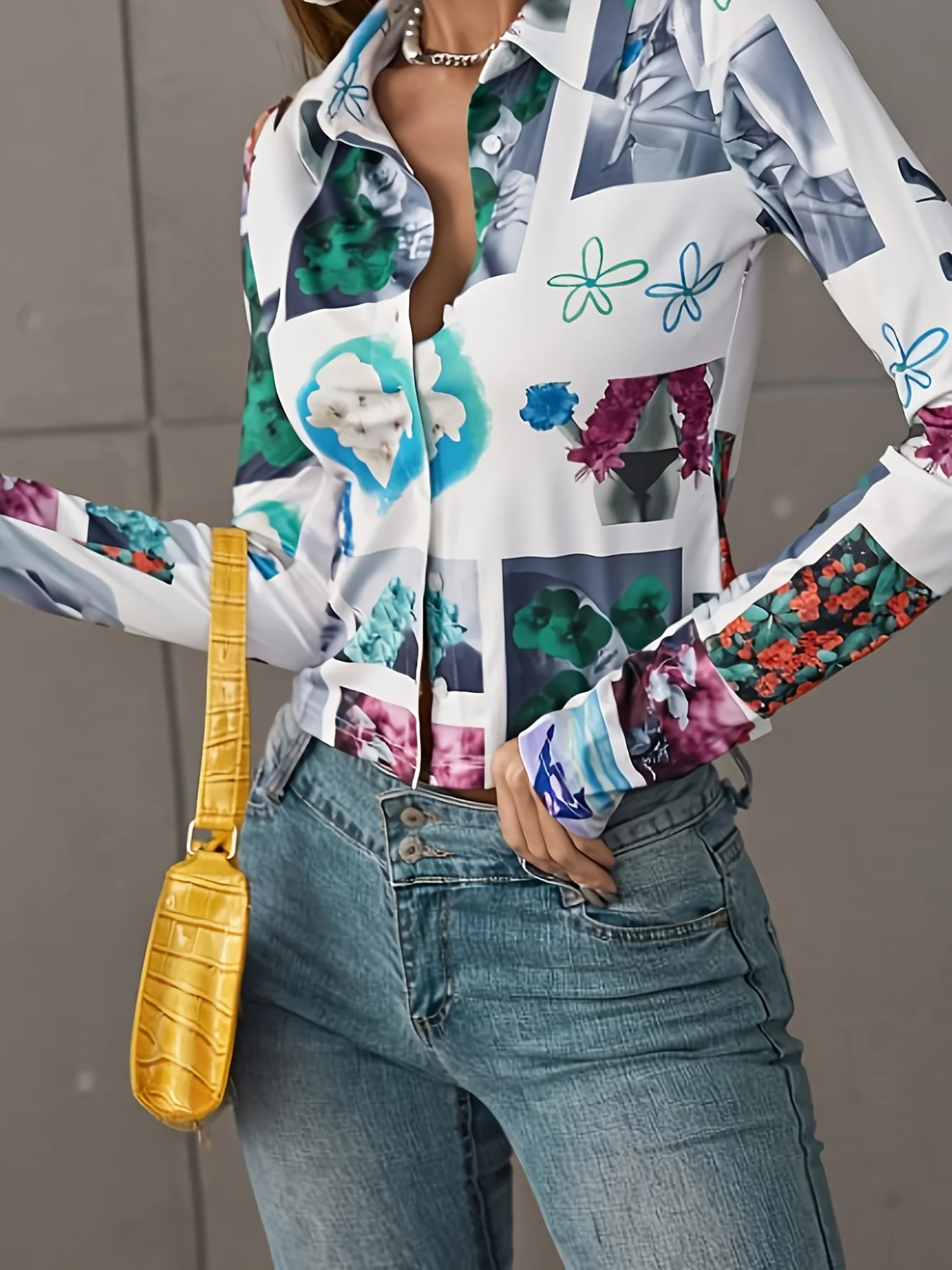 Flower Graphic Print Elegant Polo Blouse, Casual Every Day Top For Fall & Spring, Women's Clothing - Deanwangkt