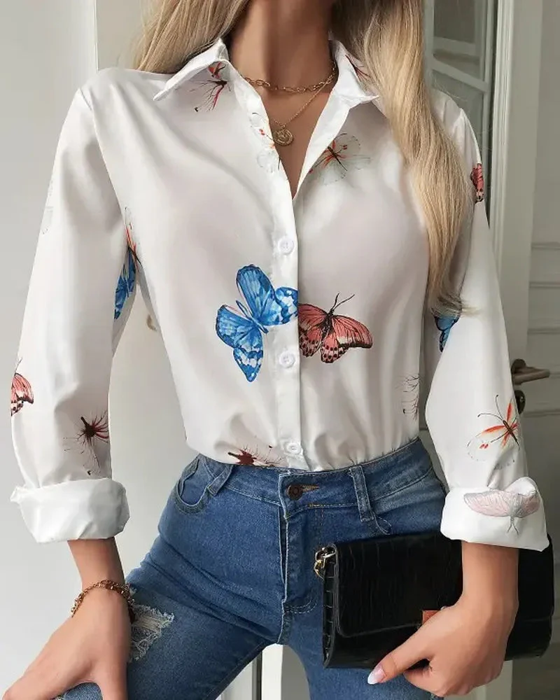 Deanwangkt - Butterfly Print Long Sleeve Button Up Top - Deanwangkt