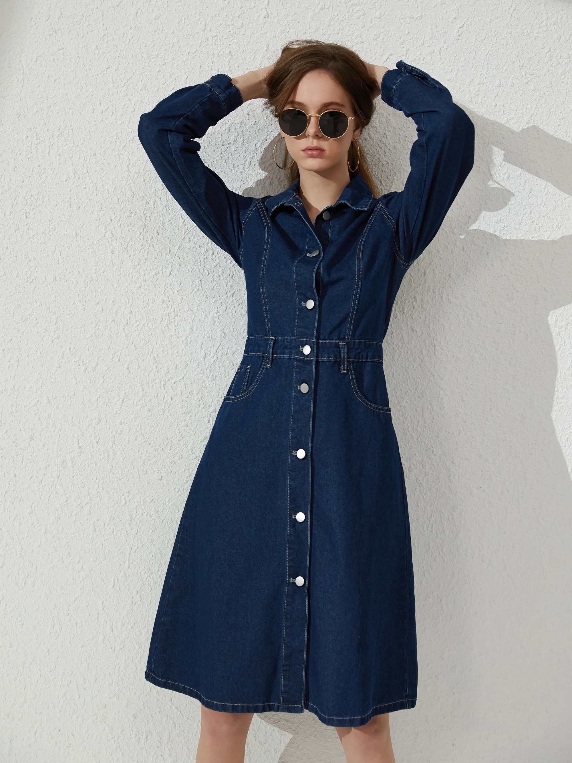 deanwangkt-1  Blue Single Breasted Button Denim Dress, Long Sleeves Slant Pockets Lapel Denim Dress, Women's Denim Clothing - Deanwangkt