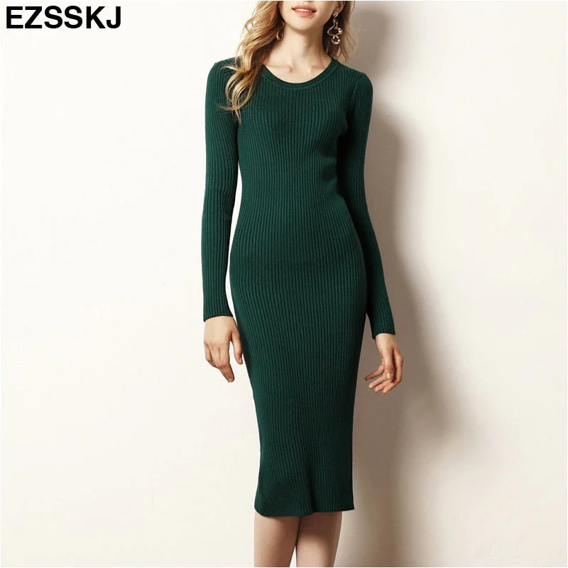 Christmas Gift Autumn Winter long Sweater dress women solid bodycon Thick dress Female Jumper O-neck slim basic knit dress Long sleeve - Deanwangkt