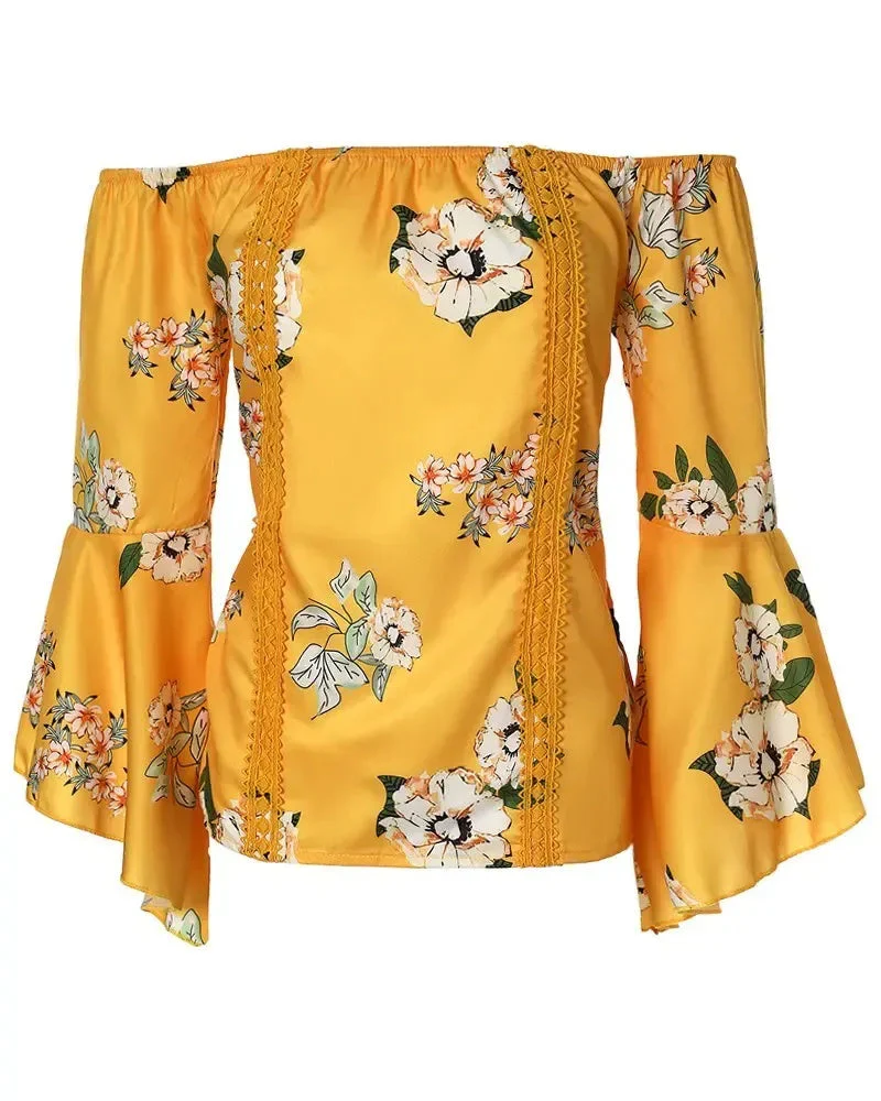 Deanwangkt - Off-the-Shoulder Floral Print Bell-Sleeve Top - Deanwangkt