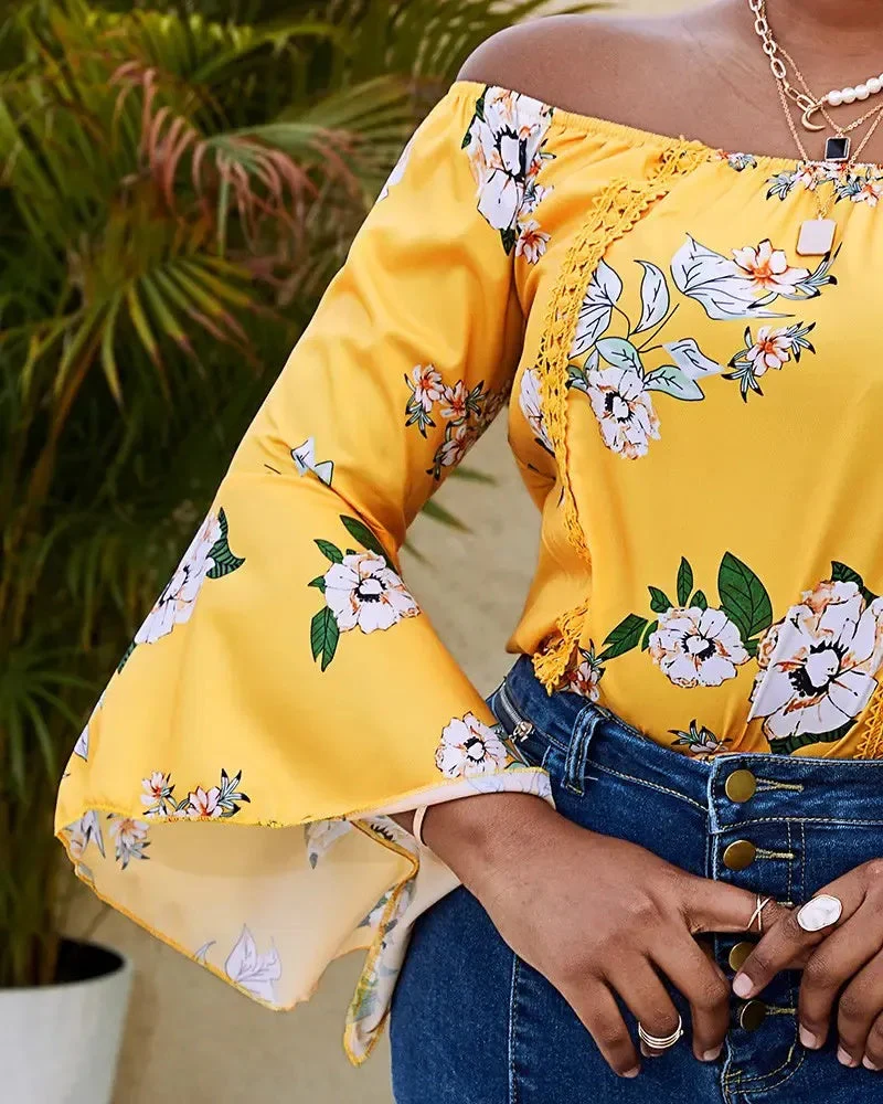 Deanwangkt - Off-the-Shoulder Floral Print Bell-Sleeve Top - Deanwangkt