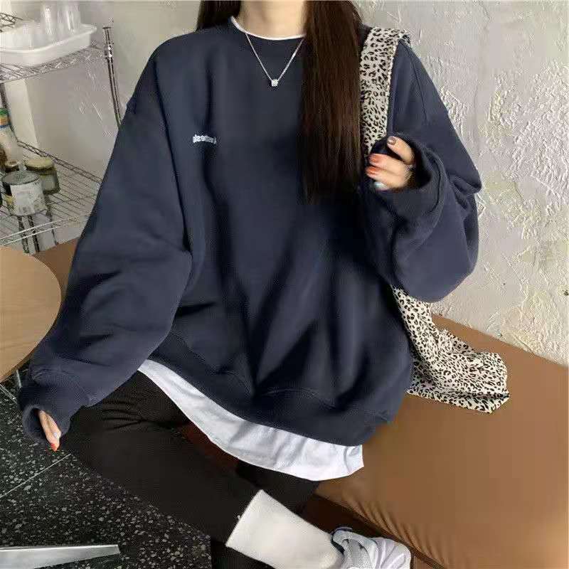 Christmas Gift Deanwangkt spring and autumn new splicing Pullover fashion Korean thick and thin women's Sweatshirt Navy Gray Black Pink women's Hoodi - Deanwangkt