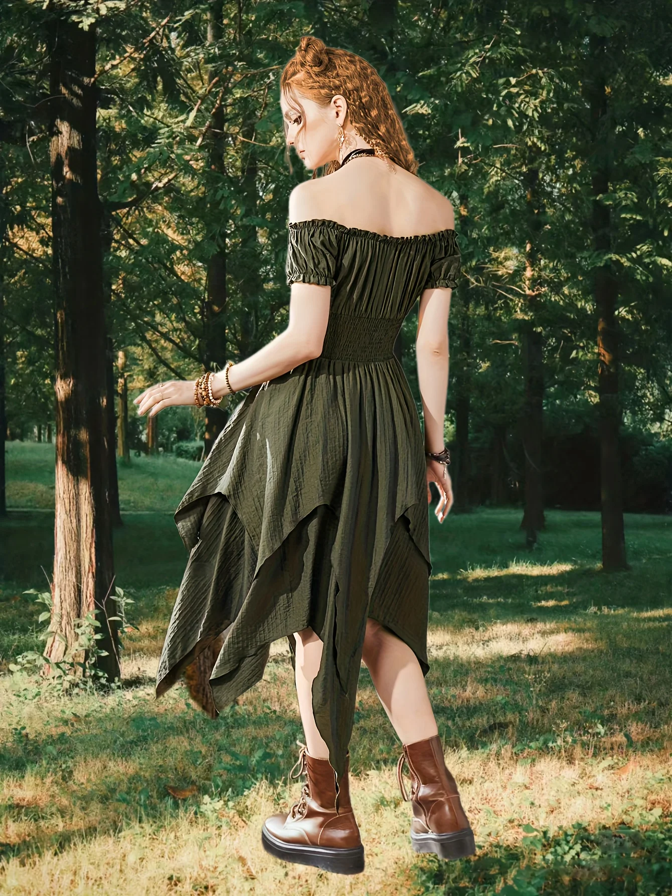 deanwangkt-1  Off Shoulder Ruffle Layered Hem Dress, Grunge Shirred Waist Dress For Spring & Summer, Women's Clothing - Deanwangkt