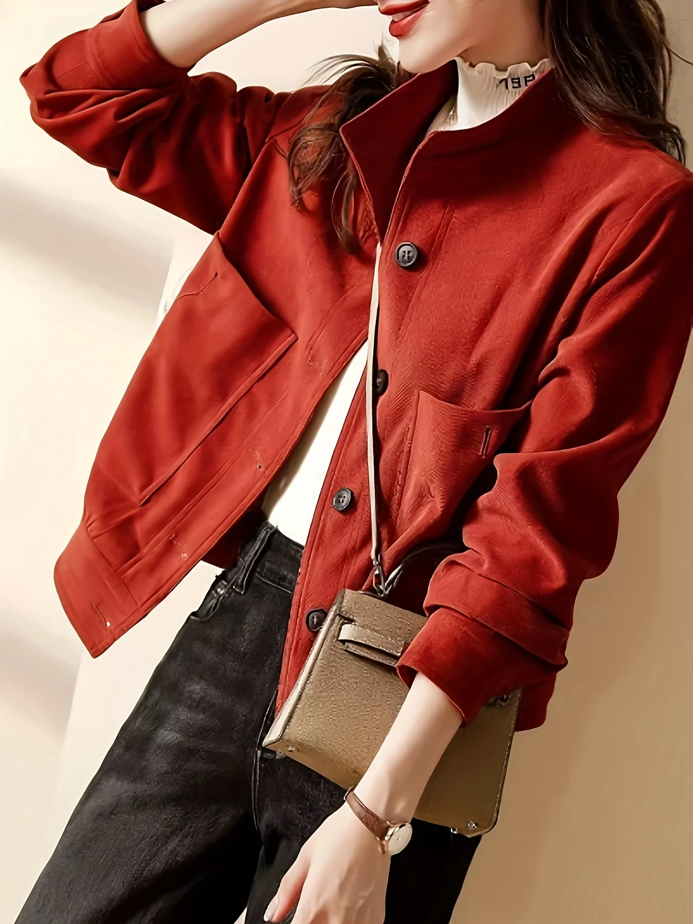 Button Front Solid Jacket, Casual Mock Neck Long Sleeve Outerwear, Women's Clothing - Deanwangkt