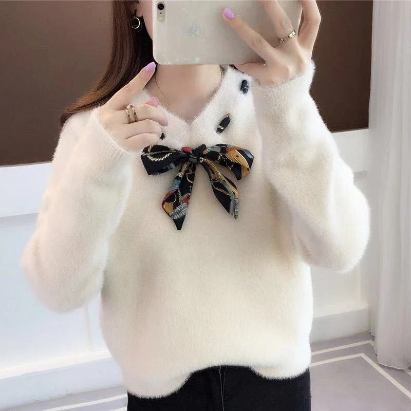 Christmas Gift Deanwangkt New Autumn Winter Women Sweaters Knitted Jumper Bow Tie Pullovers Casual Sweaters Long Sleeve Slim Sweater Femme Pull P800 - Deanwangkt