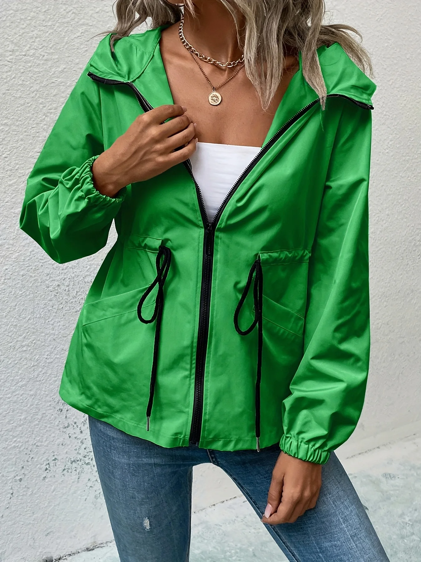 deanwangkt-1 Solid Drawstring Windproof Jacket, Casual Long Sleeve Hooded Zip Up Outerwear With Pockets, Women's Clothing - Deanwangkt