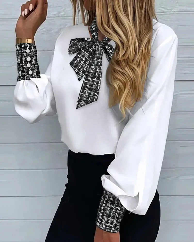 Deanwangkt - Plaid Tie-Neck Lantern Sleeve Top - Deanwangkt