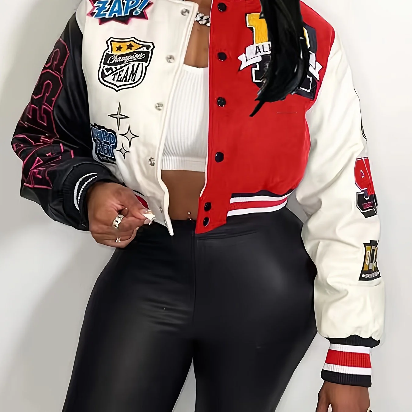 deanwangkt-1 Letter Print Button Front Varsity Jacket, Casual Long Sleeve Baseball Neck Outerwear, Women's Clothing - Deanwangkt