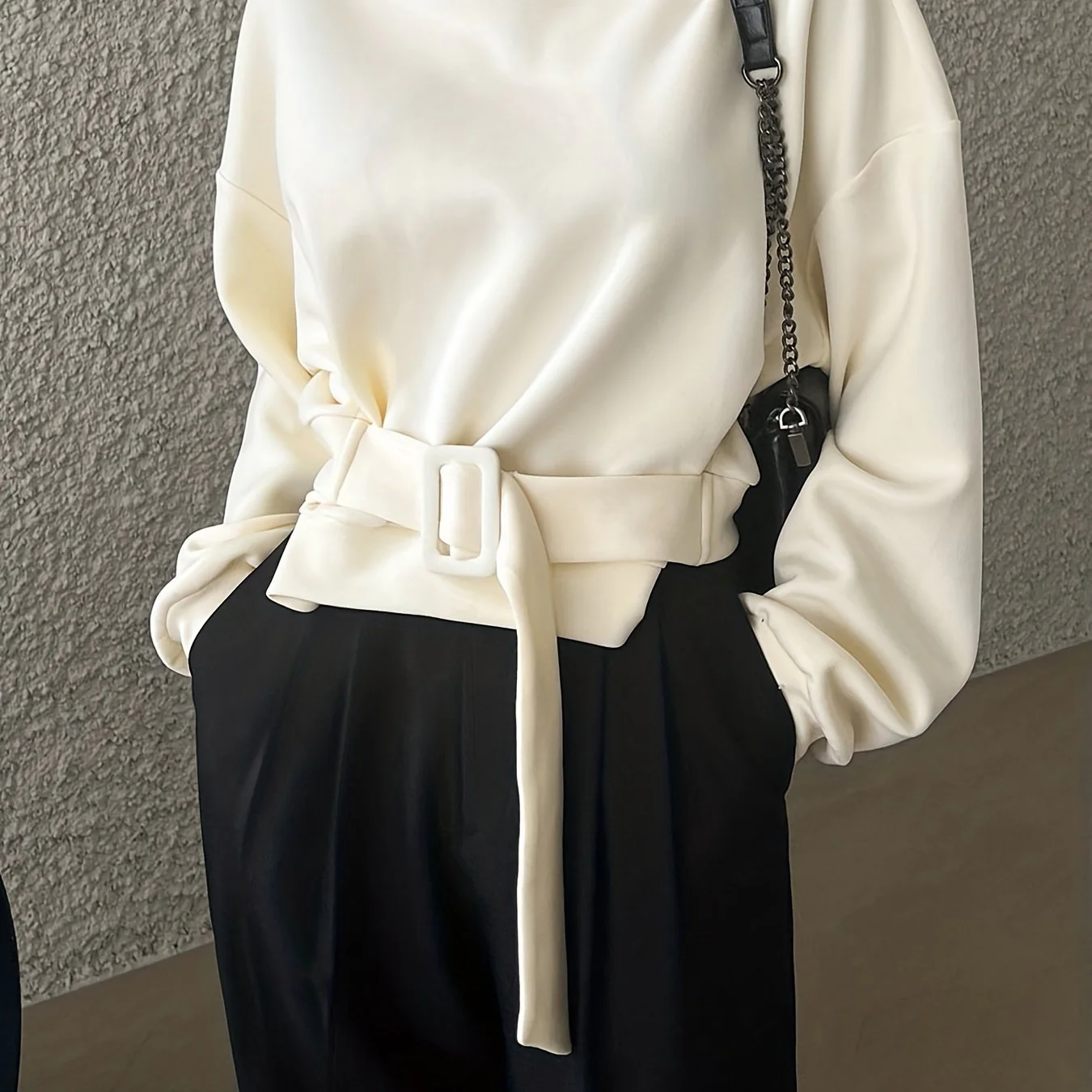 deanwangkt-1  Solid Belted Pullover Sweatshirt, Casual Long Sleeve Crew Neck Sweatshirt For Spring & Fall, Women's Clothing - Deanwangkt