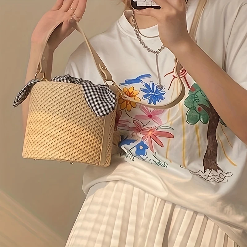 deanwangkt-1  Minimalist Straw Bucket Crossbody Bag, Summer Bohemian Shoulder Bag With Insert Plaid Pattern Twisted Pouch - Deanwangkt