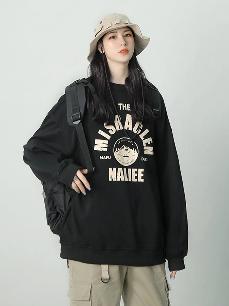 Black Friday Sales Retro Sweater Women Alphabet Print Round Neck Hoodie Loose Long-Sleeved Street Trend Casual Autumn And Winter Thickened Pullover - Deanwangkt